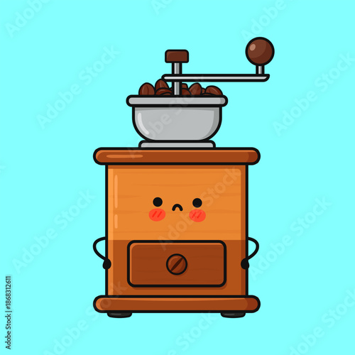 Sad kawaii coffee grinder character standing with coffee beans