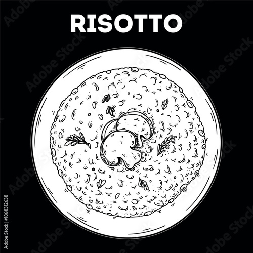 Risotto sketch. Vector drawing illustration. Italian food. Italian cuisine. Hand drawn. Top view. Not AI Generated.