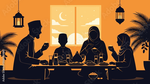 A Muslim family sharing a meal during Ramadan at sunset