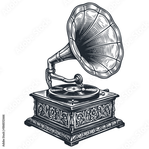 Vintage gramophone illustration in a detailed, hand-drawn engraving or woodcut style. Retro music and antique audio technology concept. Vector.