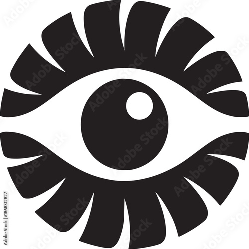 A stylized black and white eye with radiating shapes around it on a plain white background design style