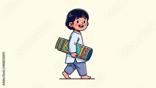 Cartoon illustration of a young boy walking with a prayer mat