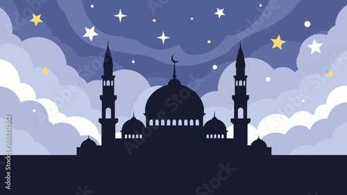 A Silhouette of a Mosque Under a Starry Night Sky with Clouds
