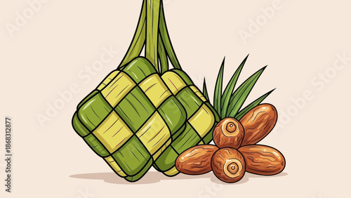 Traditional Ketupat and Dates Illustration for Ramadan and Eid Celebrations
