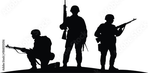 Soldier silhouette set with military infantry troops holding rifles for army and combat defense concept
