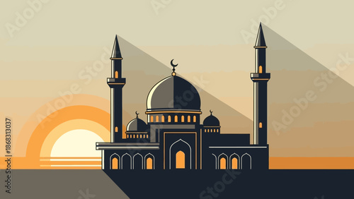 Golden Hour Sunset Over a Traditional Mosque with Minarets and Dome