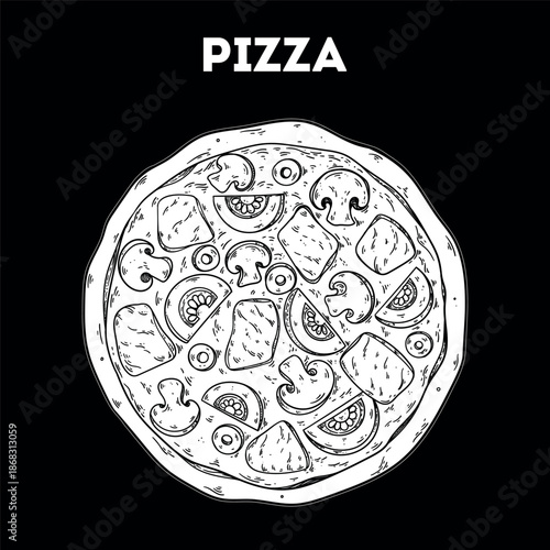 Pizza sketch. Vector drawing illustration. Italian food. Italian cuisine. Hand drawn. Top view. Not AI Generated.
