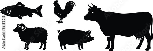 Black Silhouette Farm Animals and Fish on White Background Keywords: farm animals, livestock, domestic animals, animal