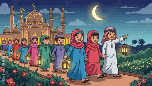 Illustration of children in traditional clothing walking towards a mosque with lanterns during a celebration