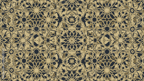 Intricate Geometric Pattern Design with a Warm Palette of Earth Tones and Navy Blue