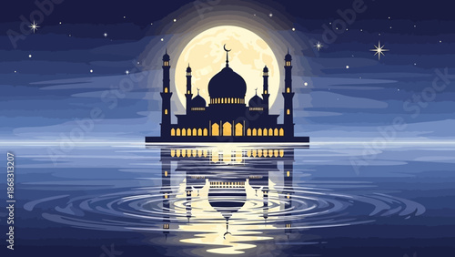 Serene Ramadan night with a full moon casting its glow on a mosque reflecting in calm water
