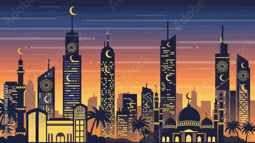 Modern Islamic City Skyline at Dusk with Crescent Moons and Minarets