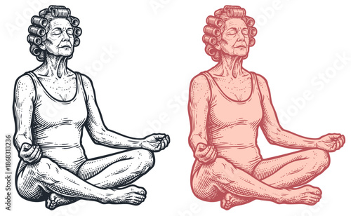 An elderly woman with hair curlers meditates in a lotus yoga pose. Hand-drawn vector illustration of senior wellness and active lifestyle. Vector.