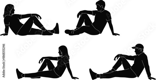 Black Silhouettes of Men and Women Sitting on the Floor Keywords: people, silhouettes, sitting, floor, casual, relaxed, leisure
