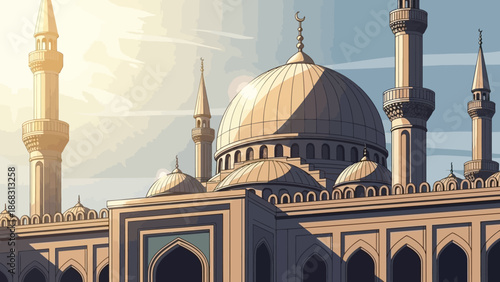 Majestic Islamic architectural masterpiece, a grand mosque with intricate details and towering minarets under a clear sky