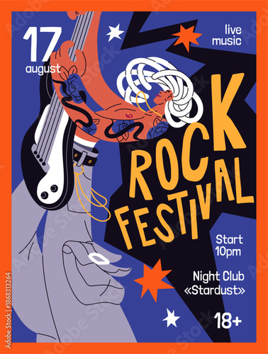 Design of live music concert event poster. Advertising template of rock performance. Promotion layout with modern musician playing electric guitar at festival of song. Flat vector illustration