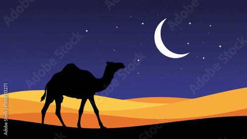 Silhouette of a camel walking across sand dunes under a crescent moon in a starry night sky