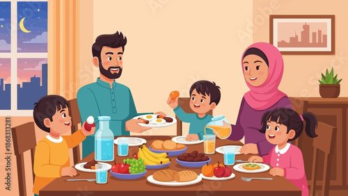 A Muslim family enjoying a festive meal together, sharing food and drinks at a dining table