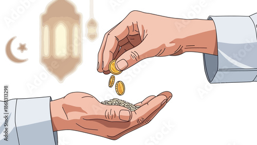 Illustration of charity and giving, with hands exchanging coins and grain, symbolizing generosity and Islamic tradition