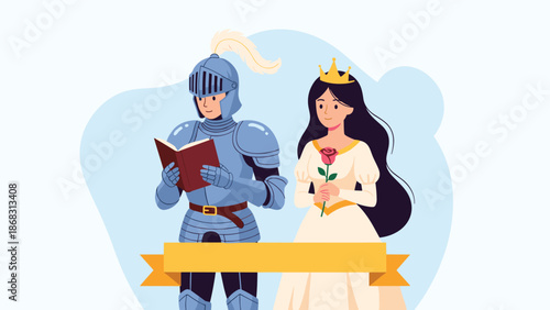 Brave knight in full plate armor reads a book to a beautiful princess holding a red rose in a magical fairy tale setting.