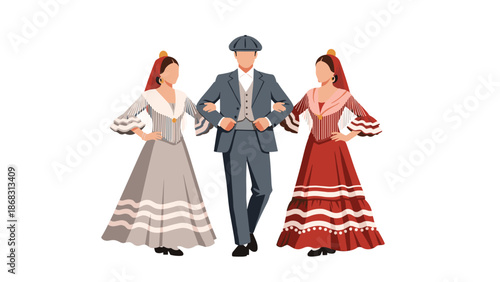Man and two women dressed in traditional madrid chulapo attire walk together arm in arm against a plain white background.