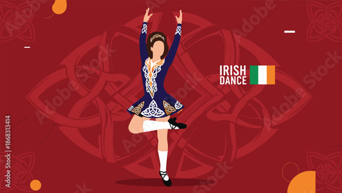 Talented girl in a traditional blue embroidered costume performs an energetic irish step dance against a dark red celtic background.