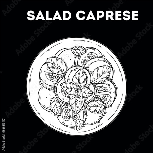 Caprese salad sketch. Vector drawing illustration. Italian food. Italian cuisine. Hand drawn. Top view. Not AI Generated.