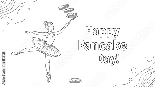 Graceful ballerina balances a tall stack of pancakes on a spatula while performing a dance pose for happy pancake day celebration.