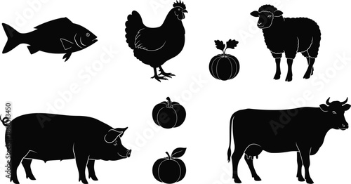 Black silhouette farm animals and produce on white background vector illustration