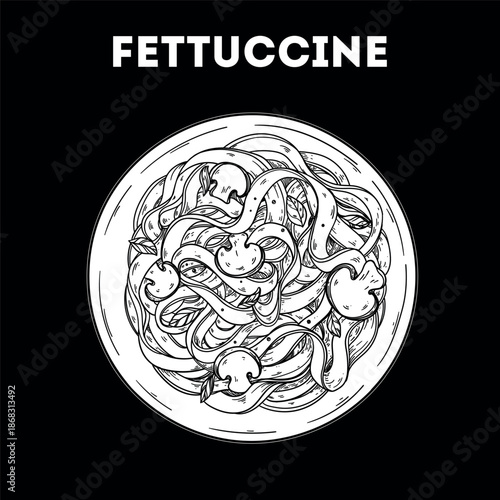 Fettuccine pasta sketch. Vector drawing illustration. Italian food. Italian cuisine. Hand drawn. Top view. Not AI Generated.