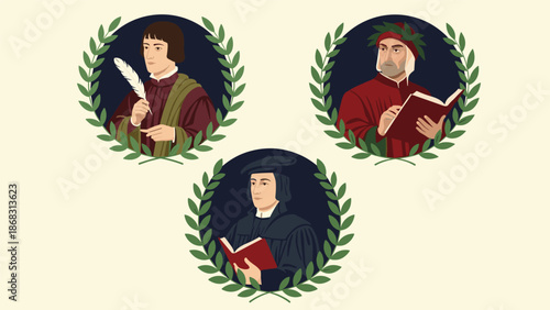 Portraits of three legendary historical authors and poets each enclosed in a green laurel wreath on a dark background.