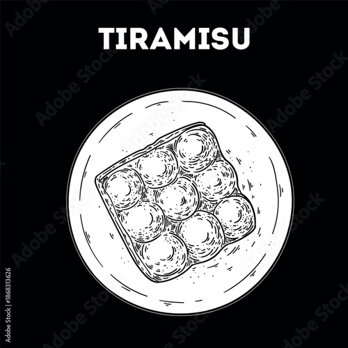 Tiramisu sketch. Vector drawing illustration. Italian food. Italian cuisine. Hand drawn. Top view. Not AI Generated.