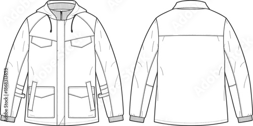 Hooded jacket fashion design, technical outerwear template, flat clothing sketch illustration, apparel vector drawing, front and back jacket view layout