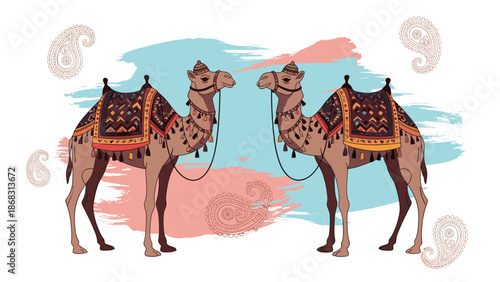 Two decorated camels with traditional colorful saddles face each other against a blue and pink brushstroke background.