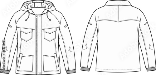 Hooded jacket fashion design, technical outerwear template, flat clothing vector illustration, apparel sketch drawing, front and back mens jacket view