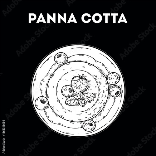 Panna cotta sketch. Vector drawing illustration. Italian food. Italian cuisine. Hand drawn. Top view. Not AI Generated.