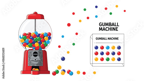 Classic red gumball machine dispenses colorful round candies with a dynamic spray of gumballs moving across the frame.