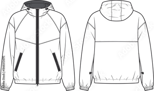 Hooded lightweight jacket technical flat, casual fashion outerwear design template, vector clothing illustration, front and back garment sketch, CAD apparel drawing