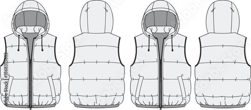 Hooded puffer vest technical fashion flat sketch multiple views front back sleeveless winter jacket apparel vector cad illustration