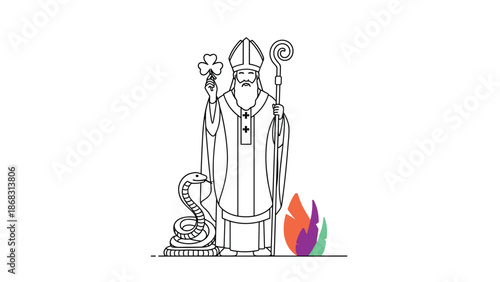 Traditional saint patrick depicted in line art holding a shamrock and staff with a snake at his feet and colorful feathers nearby.