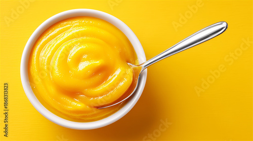 Orange pumpkin puree or mango smoothie in bowl with spoon on yellow background, minimal flat lay. Bright healthy food, baby-friendly meal or vegetarian dessert concept, copy space.