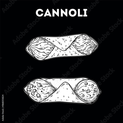 Cannoli sketch. Vector drawing illustration. Italian food. Italian cuisine. Hand drawn. Top view. Not AI Generated.