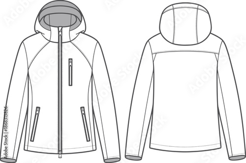 Hooded softshell jacket front and back, fashion flat sketch, technical CAD apparel drawing, zipper outerwear vector, minimalist clothing design template
