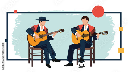 Two skilled guitarists in traditional spanish costumes play acoustic guitars while sitting on chairs in a framed composition.