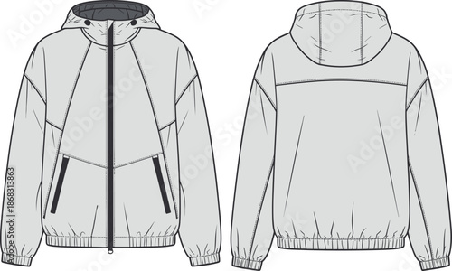 Hooded windbreaker jacket technical flat, casual lightweight outerwear design template, fashion clothing vector illustration, front and back garment sketch, CAD drawing