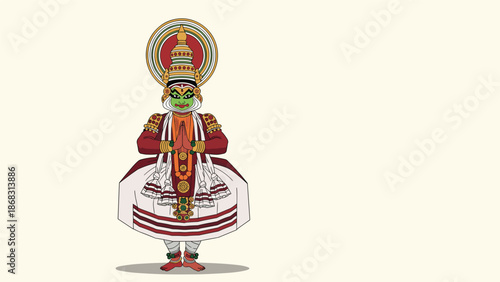 Traditional kathakali dancer from india performs with vibrant green face paint and a magnificent elaborate costume and headgear.