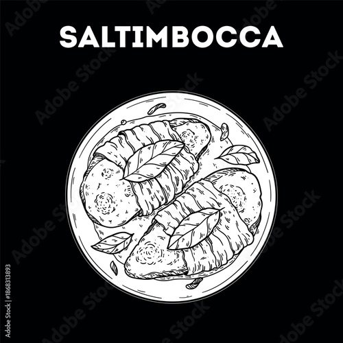 Saltimbocca sketch. Vector drawing illustration. Italian food. Italian cuisine. Hand drawn. Top view. Not AI Generated.