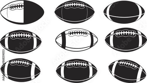 American football ball silhouette set with various black and white designs for sports competition and team equipment