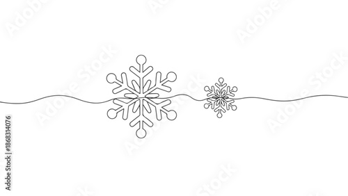 One line continuous art vector illustration of two snowflakes, elegant and simple, drawn with a single stroke on a white background