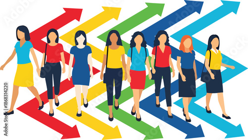 Diverse women moving forward together empowerment flat vector